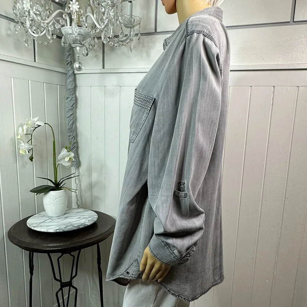 Snaps Collared Gray Comfy Blouse  Decorative stitching Intro size 1X - Picture 6 of 11